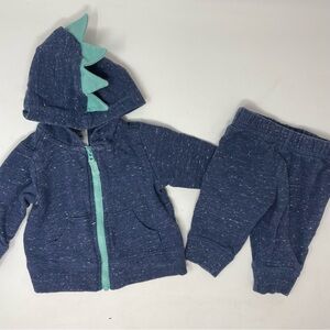 Baby 2pc Blue Green Dinosaur Hood Zipper Sweater Track Suit Size 3m